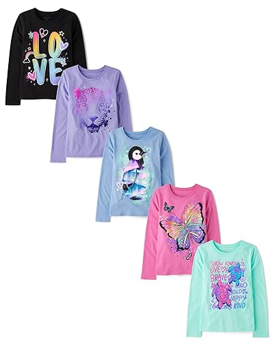 The Children's Place Girls' Dino Long Sleeve Graphic T-Shirts - Small - Animals 5-pack