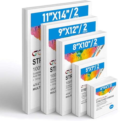 GOTIDEAL Stretched Canvas, Multi Pack 4x4, 5x7, 8x10,9x12, 11x14 Set of 10, Primed White - 100% Cotton Artist Canvas Boards for Painting, Acrylic Pouring, Oil Paint Dry & Wet Art Media - White - Multi Size-10 Pcs