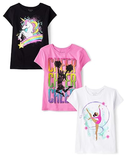 The Children's Place Girls' Gymnastics,Cheer,Dance Short Sleeve Graphic T-Shirts,multipacks - Small - Unicorn Rainbow/Cheer/Dancer 3-pack