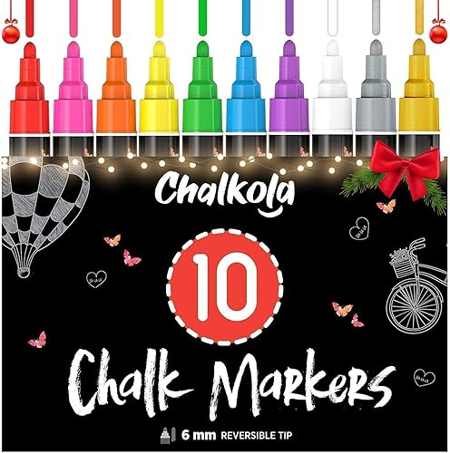 Liquid Chalk Markers (10 Pack) with Gold & Silver - Bold Dry Erase Marker Pens for Blackboard, Windows, Chalkboard Signs, Bistro - 6mm Reversible Tip - 50 Chalk Labels included - Bold Tip - 6mm