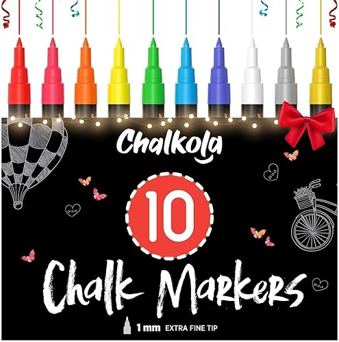 Liquid Chalk Markers (10 Pack) with Gold & Silver - Extra Fine Tip Dry Erase Marker Pens for Blackboard, Windows, Chalkboard Signs, Bistro - 1mm Extra Fine Tip - 1 count (Pack of 10)
