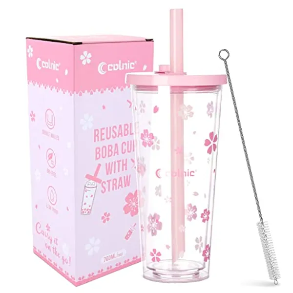 Colnic Reusable Boba Cup With Lids And Straws, 24Oz/700ml Smoothie /Iced Coffee Cup, Leakproof Kawaii Cup Tumbler With Boba Reusable Straw,Double Wall Clear Insulated Bubble Tea Cup