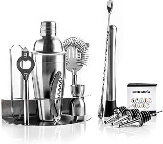 12pc Stainless Steel Cocktail Shaker Set - Cocktail Kit w/Stand,18Oz Martini Shaker, Muddler, Jigger, Hawthorne Strainer, Cocktail Book & More - Home Bar Mixology Bartender Kit Cocktail Set - Cresimo - 18oz - 12pc with Steel Stand