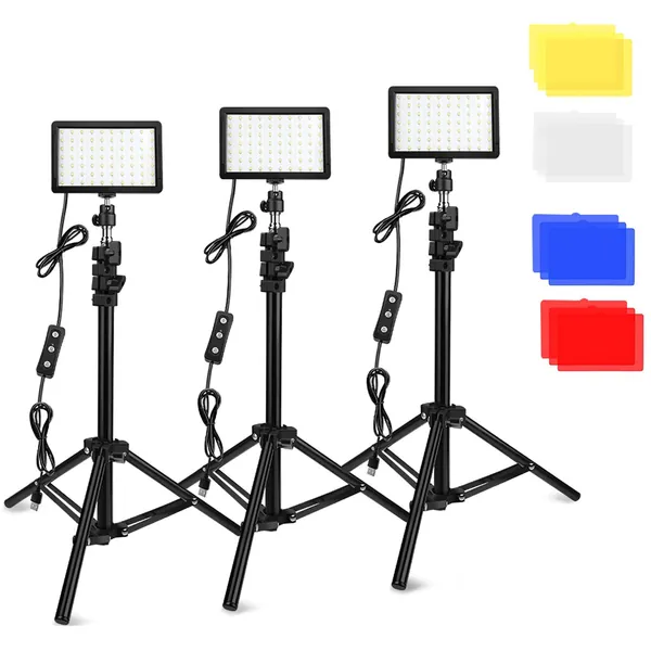 3 Packs 70 LED Video Light with Adjustable Tripod Stand/Color Filters, Obeamiu 5600K USB Studio Lighting Kit for Tablet/Low Angle Shooting, Collection Portrait YouTube Photography