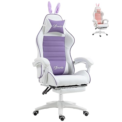 Vinsetto Racing Gaming Chair, Reclining PU Leather Computer Chair with Removable Rabbit Ears, Footrest, Headrest and Lumber Support, Purple - Purple