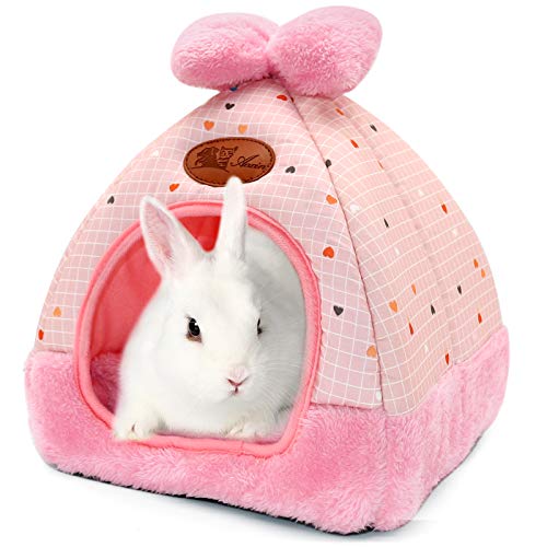 YUEPET Bunny Bed Warm Guinea Pig Cave Beds Cute Bowknot House Big Hideouts Cage Accessorie for Dwarf Rabbits Hamster Bunny Ferrets Rats Hedgehogs Chinchilla (Pink) - Pink
