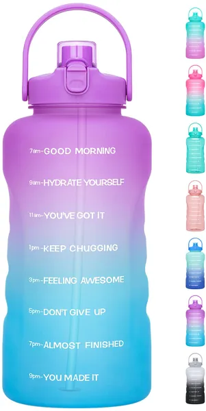 Water Bottle with Straw, 128oz BPA Free Leak-proof Water Bottle with Times to Drink Perfect for Fitness Gym Camping Outdoor Sports, Gallon Water Bottle - Purple/Blue