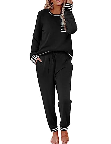 Ekouaer Pajamas Women's Long Sleeve Sleepwear with Long Pants Soft Loungewear Pj Set XS-3XL - Black - Medium