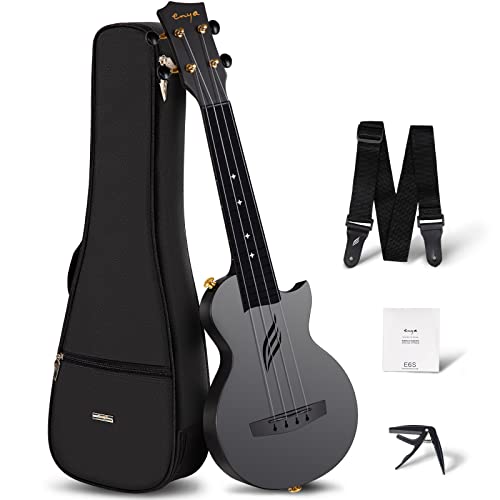 Enya Soprano Ukulele 21 Inch Carbon Fiber Travel Ukelele Nova U Mini Simple Yukalalee With Beginner Kit Ukalalee includes Case Strap Capo Strings (Black) - 21 inch - Black