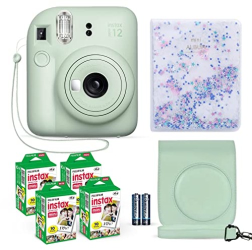 Fujifilm Instax Mini 12 Instant Camera Mint Green + Fuji Film Value Pack (40 Sheets) + Shutter Accessories Bundle, Incl. Compatible Carrying Case, Quicksand Beads Photo Album 64 Pockets - Mint Green