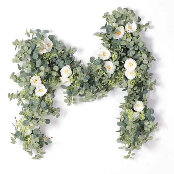 PARTY JOY 6.5ft Seeded Eucalyptus Garland with Flowers-8 White Roses-Lush,Natural Looking, Floral Garland Greenery Garland for Party Wedding Table Indoor Outdoor Backdrop Wall Decor（White,1）