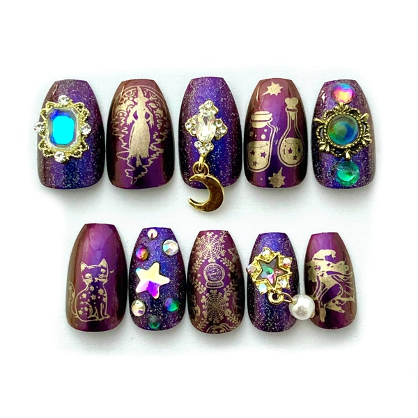 Purple Potion Witch and Moon Press On Nails | Witchy Moon Nails | Purple and Gold Witch Nails | Glam Cat and Witch Nails