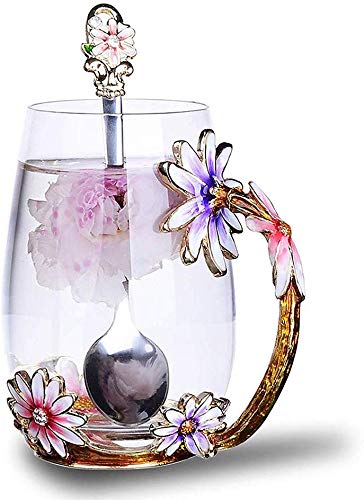 Luka Tech Enamel flower Lead-free Glass Coffee Mugs Tea Cup with Steel Spoon, Best Birthday Gifts For Women Wife Mom Friends Mothers Valentines Day Christmas (Purple-Tall) - Purple-Tall