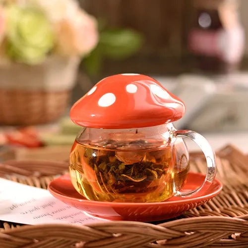 Cute Mushroom Ceramic Glass 290ml Tea Mug with Saucer Gift Set - Red Set / As shown in the figu
