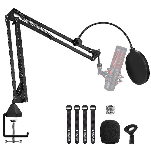 TONOR Mikrofon Ständer, einstellbarer Mikrofonarm mit Popschutz, 3/8" bis 5/8" Adapter, Mikrofonclip, verbesserte Hochleistungsklemme für HyperX QuadCast Blue Yeti Rode Elgato etc. Microphone (T20)