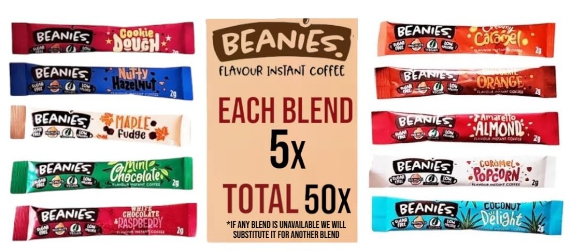Beanies 50 Flavoured Coffee Sticks Variety Pack. 10 Different Blends