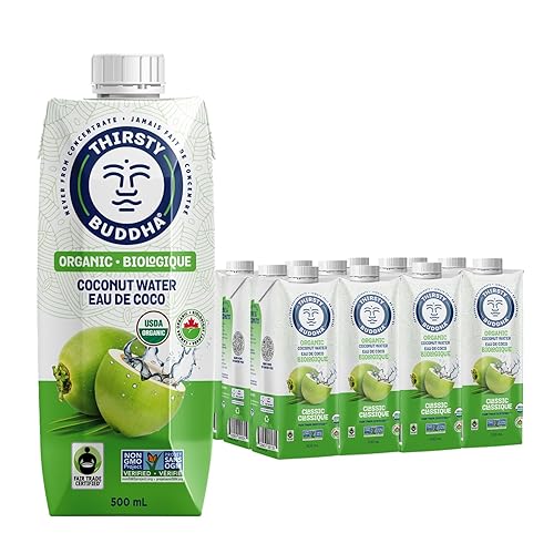 THIRSTY BUDDHA Coconut Water - Pure Coconut Water- Premium Coconut Water- Organic Coconut Water- Fair Trade Certified Coconut Water- All Natural Hydration – Electrolytes – Sports Drink- No Added Sugar– Vegan –Non-GMO Coconut Water, 500ml (12/500ml) - 500 ml (Pack of 12)