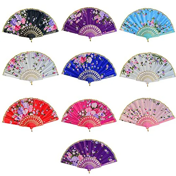 Miayon 10pcs Floral Folding Hand Fan Vintage Retro Silk Handheld Fans Lace Folding Fan Wedding Dancing Church Party (Random Color)