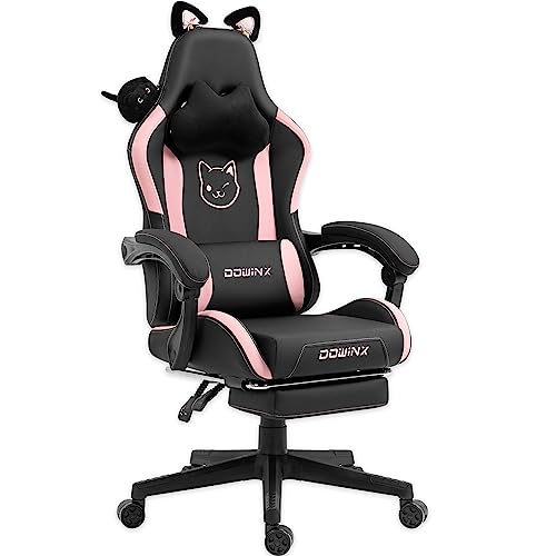 Dowinx Gaming Chair Cute with Cat Ears and Massage Lumbar Support, Ergonomic Computer Chair for Girl with Footrest and Headrest, Comfortable Reclining Game Chair 290lbs for Adult, Teen, Black - Black and Pink