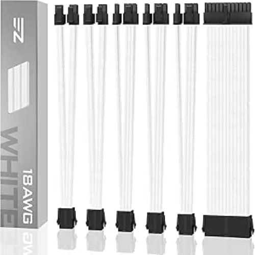 EZDIY-FAB PSU Cable Extension Sleeved Custom Mod GPU PC Power Supply Soft Nylon Braided with Comb Kit 24PIN/3x 8PIN to 6+2Pin/ 2X 8PIN to 4+4PIN-300MM/11.8in - White - White