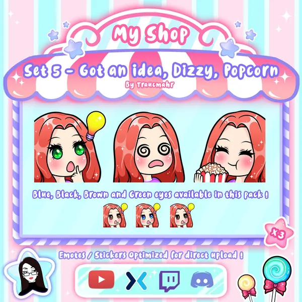 Got an Idea Dizzy and Popcorn Cute Chibi Red Hair Emotes Pack for Twitch, Discord, Mixer and more !