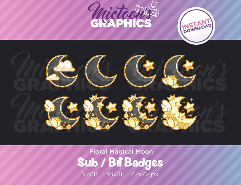 Twitch Moon Sub Badges / Bit Badges / Streamer Graphics / Discord / Gamer / Black / Golden / Wings / Emblem / Aesthetic