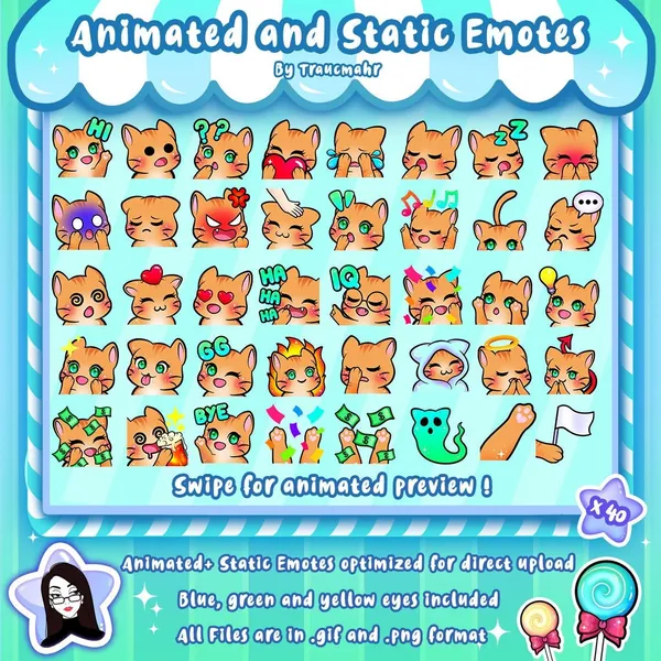 ANIMATED + STATIC Ginger Cat Emotes MEGA Bundle for Twitch and Discord ! Cute Chibi Red Cat Animated Emotes for streaming, emote artist