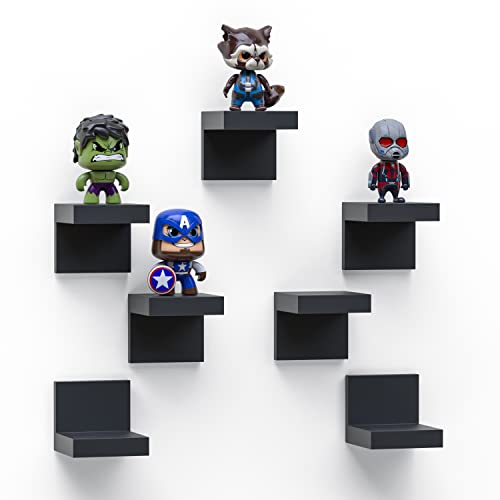 7-Pack Small Floating Shelves for Wall by RicherHouse, Plastic Black Shelf 4 Inch Display Ledges Room Decor, Mini with 2 Types of Installation (Adhesive or Screw) - Black - 7 Pcs
