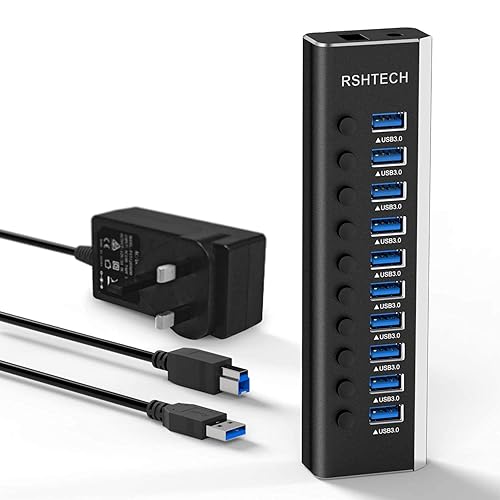 RSHTECH Powered USB 3.0 Hub Aluminum 10 Port USB 3.0 Data Hub with 12V/3A (36W) Power Adapter and Individual On/Off Switches & LED (RSH-A10) - 10-Port USB 3.0 hub