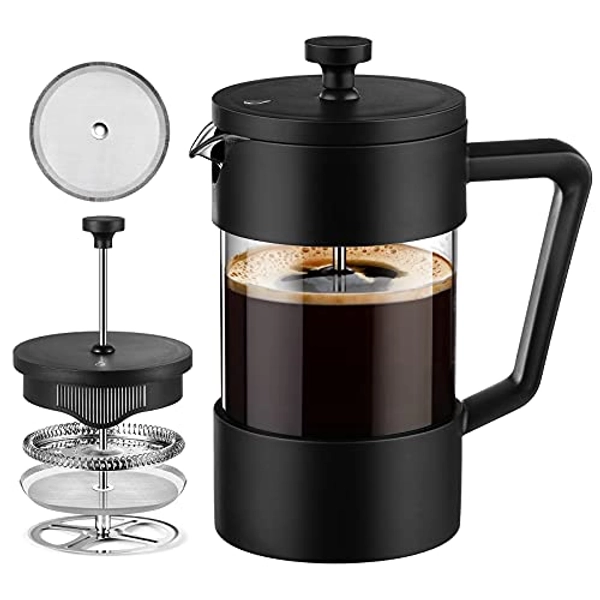Veken French Press Coffee & Tea Maker 21oz, Thickened Borosilicate Glass Coffee Press with 3 Filter Screens, Rust-Free and Dishwasher Safe, 100% BPA Free, Black