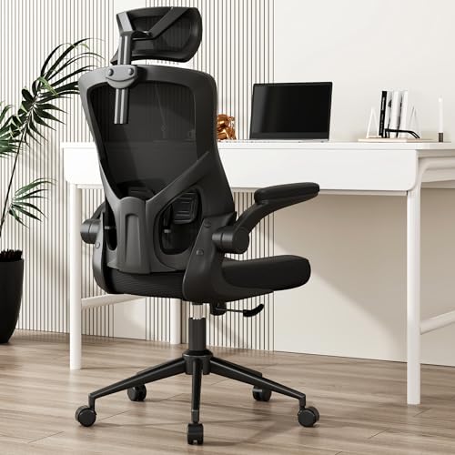 𝑯𝑶𝑴𝑬 𝑶𝑭𝑭𝑰𝑪𝑬 𝑪𝑯𝑨𝑰𝑹, Ergonomic Mesh Desk Chair, High Back Computer Chair- Adjustable Headrest with Flip-Up Arms, Lumbar Support, Swivel Executive Task Chair - Black - Modern