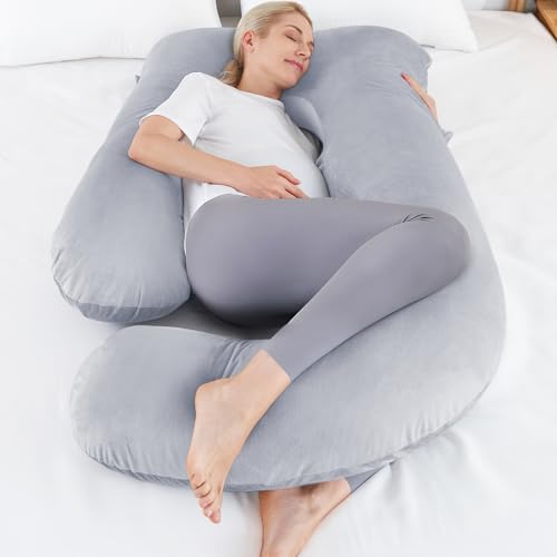 SASTTIE Pregnancy Pillow for Sleeping, Full Body Pillow for Adults, Maternity Pillow for Pregnant Women, 60'' U Shaped Pregnancy Pillow with Removable Velvet Cover, Pregnancy Must Haves - Velvet-60''*27.5'' - Light Grey
