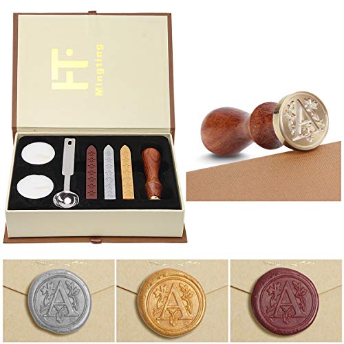 Mingting Wax Seal Stamp Kit,Mingting Classical Old-Fashioned Antique Wax Stamp Seal Kit Initial Letters Alphabet Set Gift Box with Vintage Wooden Handle and Brass Color Head(A) - A