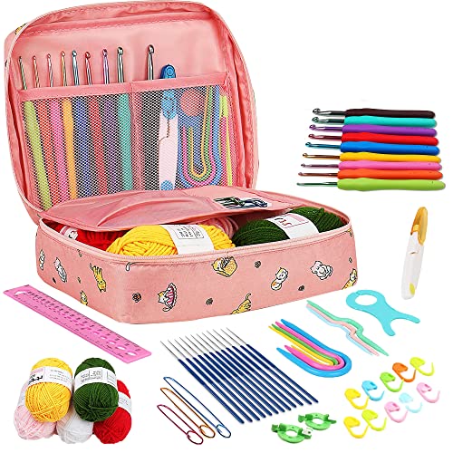 KISWA 59-PCS Crochet Kit for Beginners - Amigurumi crochet kit with different crochet hooks, crocheting needles and yarn balls, crochet starter kit & crochet accessories with portable storage case