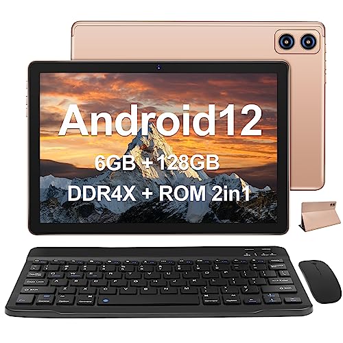 Ruzava/WOZIFAN 10.1" Android 12 Tablet, UMCP(6GB DDR4X 128GB ROM 2 in 1) Ultra-Smooth Processor MTK8183 8-Core 2.0Ghz, Dual WiFi GPS with Case Keyboard Mouse for Game, Work, Study, Entertainment-Gold - Gold