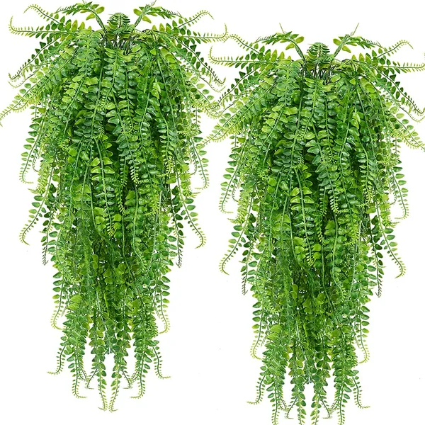 2 pcs Artificial Hanging Ferns Plants Vine Fake Ivy Boston Fern Hanging Plant Outdoor UV Resistant Plastic Plants (Green)