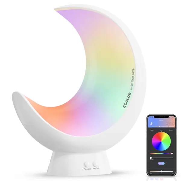 Smart Table Lamp, ECOLOR Dimmable Bedside Lamps Rechargeable, Segmented APP Control Color Changing RGB Lamp for Kids with Music Sync Mode, Cordless Moon LED Touch Lamps for Bedrooms Living Room