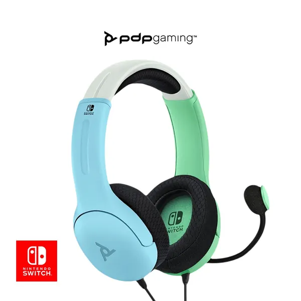 PDP Gaming LVL40 Stereo Headset with Mic for Nintendo Switch - PC, iPad, Mac, Laptop Compatible - Noise Cancelling Microphone, Lightweight, Soft Comfort On Ear Headphones, Animal Crossing Blue & Green