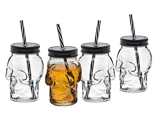 Skull Mason Jar Mug Glass Tumbler Glass Cups with Cover and Straw, Halloween Decor, Drinking Glasses - 16oz, Set of 4 - 4 Count (Pack of 1)