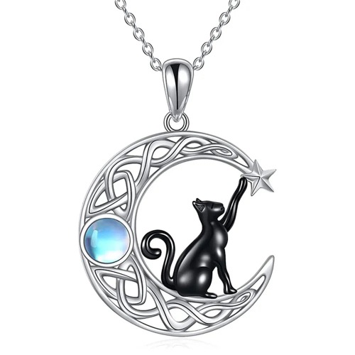 Cute Black Cat Moon Pendant Necklace - 1PC