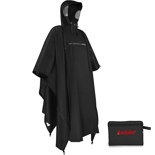 Andake Rain Poncho Waterproof Adult, Lightweight Reusable Raincoat Women Men Unisex with Hood for Hiking, Camping, Outdoor Activities - Black - One Size