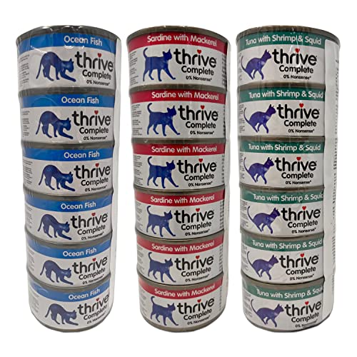 Thrive Cat Food Wet Complete Bundle containing 18 Tinned Cat Food sets (6 x 75g Ocean Fish, 6 x 75g Sardine & Mackerel, 6 x 75g Tuna with Shrimp & Squid)