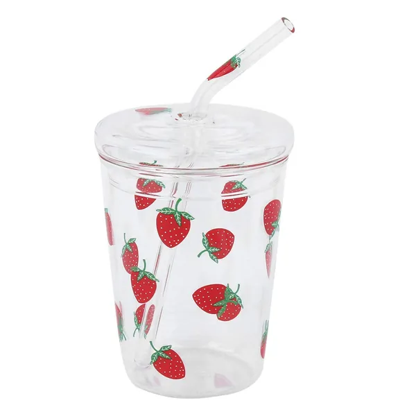 Gonnely Bicchiere in Vetro Resistente al Calore con Motivo a Fragola Trasparente Succo di caffè Bicchiere per Acqua Potabile con Coperchio in Paglia