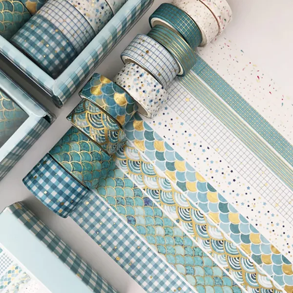 ASFINS Washi Tapes Set, 10 Rotoli Washi Tape Colorati Nastro Washi Carino Bullet Journal Carta Washi per Forniture Artigianali Fai da Decorazioni, (10/15/20mm x 3m)-Blu