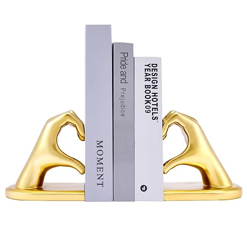 Xmeden Book Ends Heart Design, Gold Bookends for Shelves, Non-Skid Bookend, Heavy Duty Resin Book Stopper for Books, Decorative Holder 10.43 x 3.93 x 5.51’’, Gold - Bookend-gold