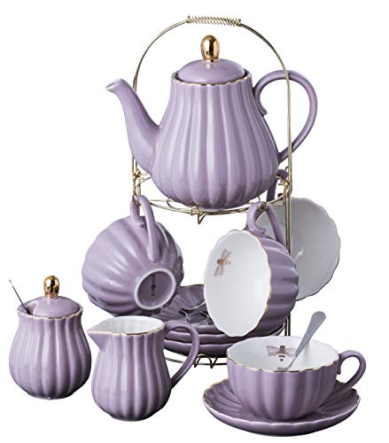 Jusalpha Fine China 8 OZ Purple Coffee Cup/Teacup, Saucer, Spoons, Teapot and Creamer set, 17-Pieces (FD-TW17PC SET, Purple) - Purple - Serve of 4
