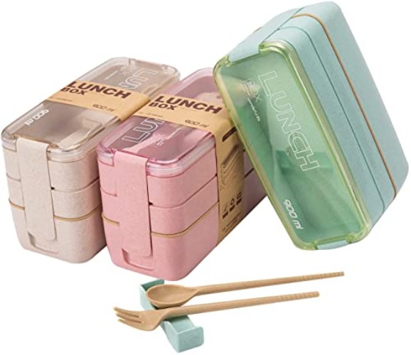 Rarapop 3 Pack Stackable Bento Box Adult Japanese Lunch Box Kit with Spoon & Fork, 3-In-1 Compartment Wheat Straw Meal Prep Containers (Green/Pink/Beige) - Green/Pink/Beige - 3 pack