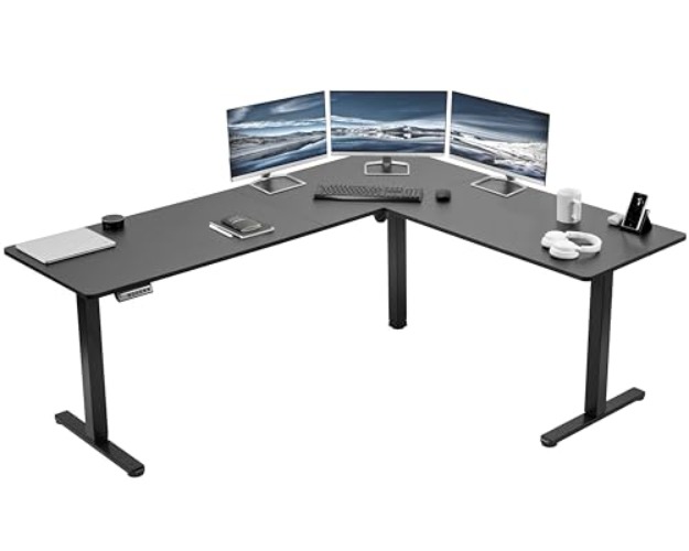 VIVO Electric Height Adjustable 75 x 63 inch Corner Stand Up Desk, Black Table Top, Black Frame, L-Shaped Standing Workstation, 3CT Series, DESK-E3CTB-75 - 75 x 63 - Black Top / Black Frame
