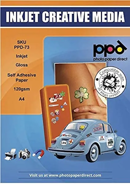 PPD 50 Sheets A4 Inkjet Glossy Photo Sticker Paper 120gsm Full Sheet Self Adhesive Instant Dry True Photographic Quality (PPD-73-50)