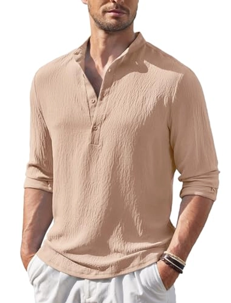 COOFANDY Men's Casual Henley Shirt Band Collar Long Sleeve Shirt Beach Hippie Summer Button T Shirt